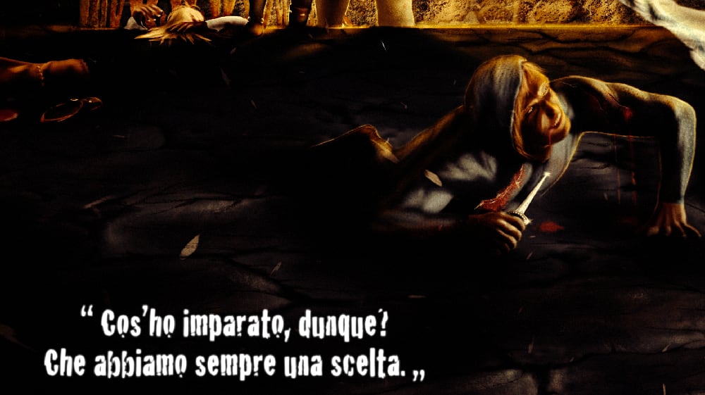 La Guerra dei Venti - Diario - Uomo ferito gravemente a terra che sorride, con la frase “Cos'ho imparato, dunque? Che abbiamo sempre una scelta.”
