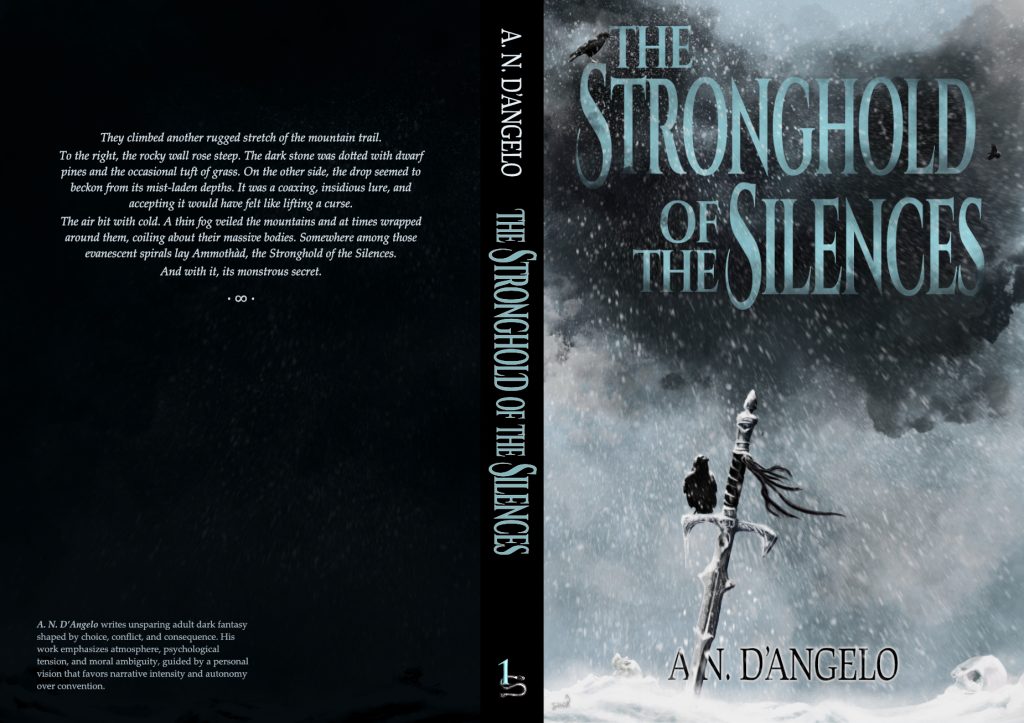 Book cover: heavy clouds, an icy title, a few crows in flight, a sword and two skulls covered in snow.