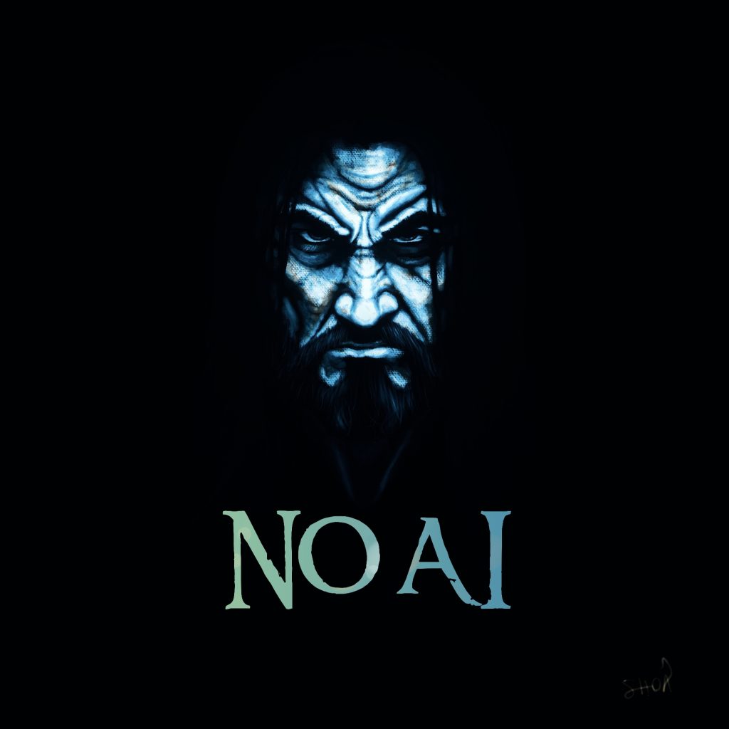 Drèmmler NO AI - Illustration by Andrea D'Angelo - Angry, bearded face on a black background with "NO AI" writing.